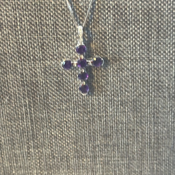 18 inch amethyst and CZ plat Over Sterling Silver Cross Pendant on Chain - Picture 2 of 4
